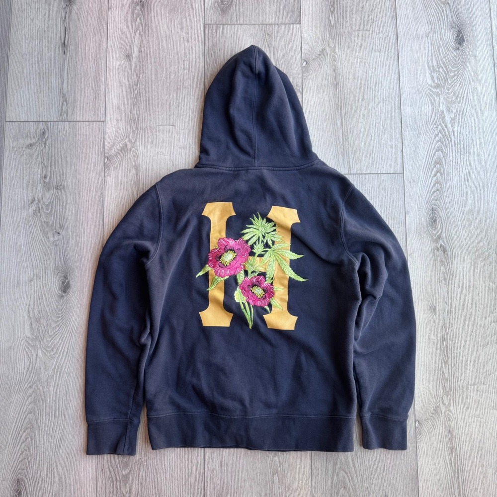 HUF Mens Floral H Logo Pullover Hoodie Black Yellow Embroidered Small